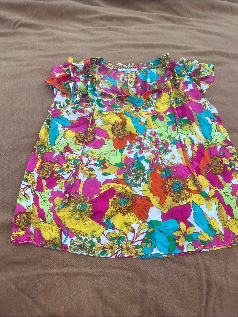 Rose & Olive Multicolor Floral Ruffle Sleeve Blouse Boho Bright Fun Size Large